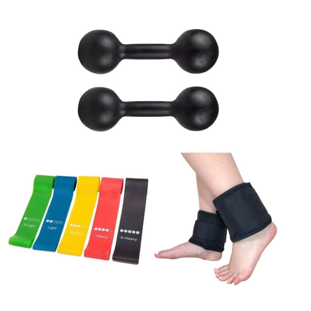 Kit Funcional Par Peso Halter 1 Kg Pintado + Par Caneleira 1 Kg + Kit Theraband Academia Em Casa