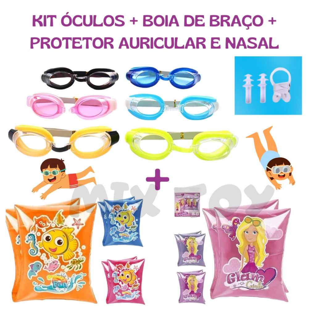 Kit Piscina Infantil Óculos De Mergulho + Boia De Braço + Protetores Auriclar e Nasal  Infantil Proteção Piscina Verão