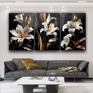 Quadros Decorativos 3 peças grandes Flores Flor Ouro Branco Preto Quarto Sala Escritório Clínicas em Oferta na Shopee