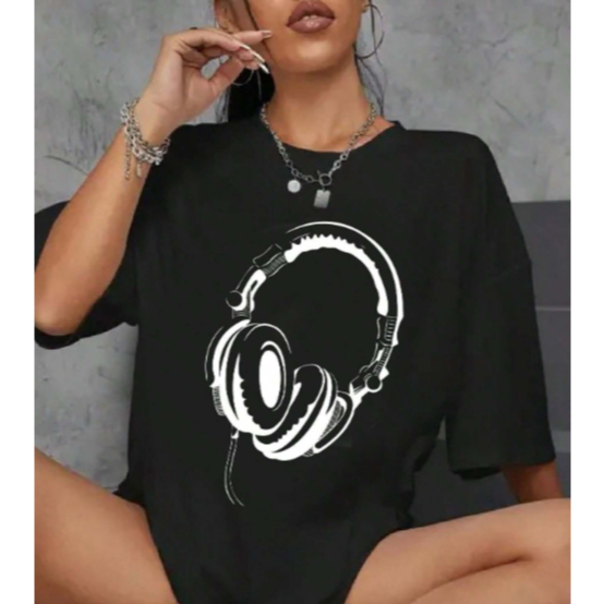 Camiseta Oversized Unissex Feminino Masculino Estampado Fone Musica Minimalista Modelo Streetwear Confortavel Largo