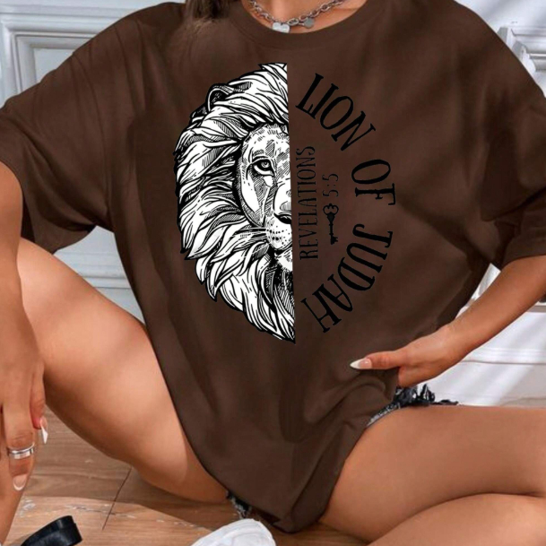 Camiseta Oversized Feminino Streetwear Moda Larga Estampada Leão De Juda Religiosa
