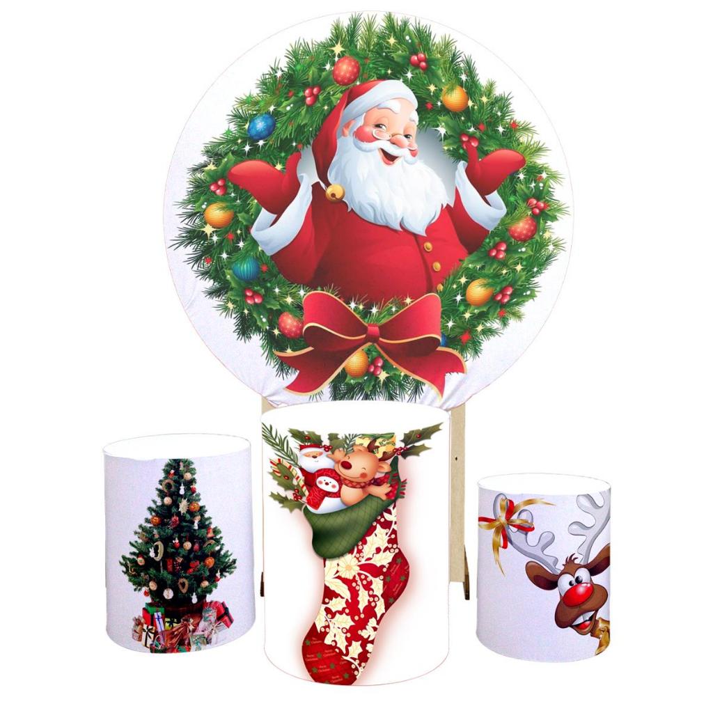 Kit Capa de Painel + Trio Capas de Cilindro - Print Gráfico Em Tecido Desenho Temático Festa Decoração Feliz Natal