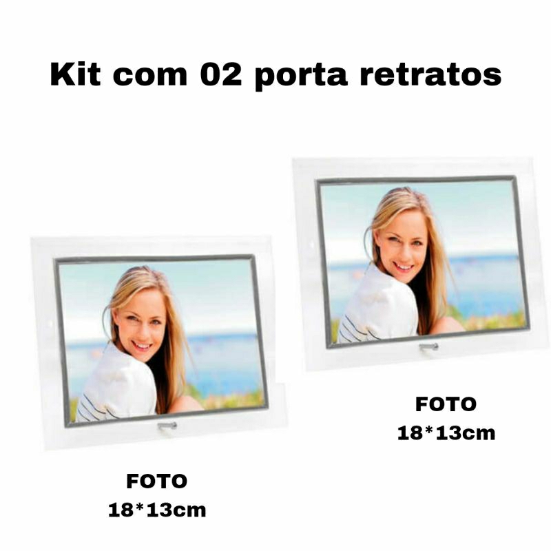 Kit com 02 porta retrato de vidro na horizontal cor prata ou dourado tamanho 18cm*13cm