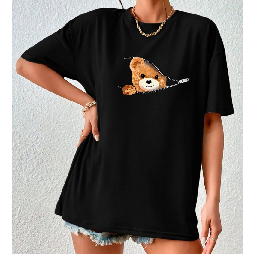 Camiseta Feminina Estampada Urso Streetwear Tshirt Camiseta Oversized 100% Algodão Casual Treino
