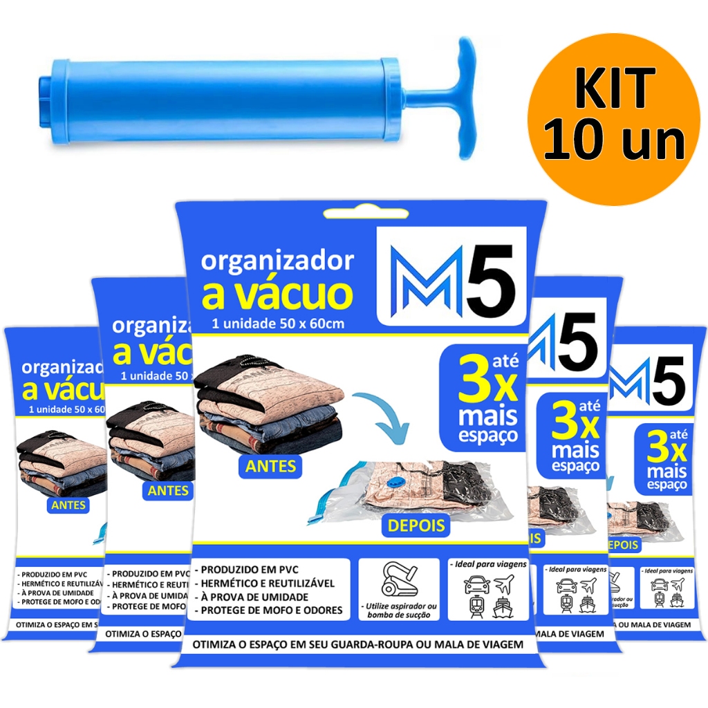 Kit 10 Saco a Vácuo 50x60cm Organizador Hermético para Guarda Roupa Mala de Viagem + Bomba Brinde