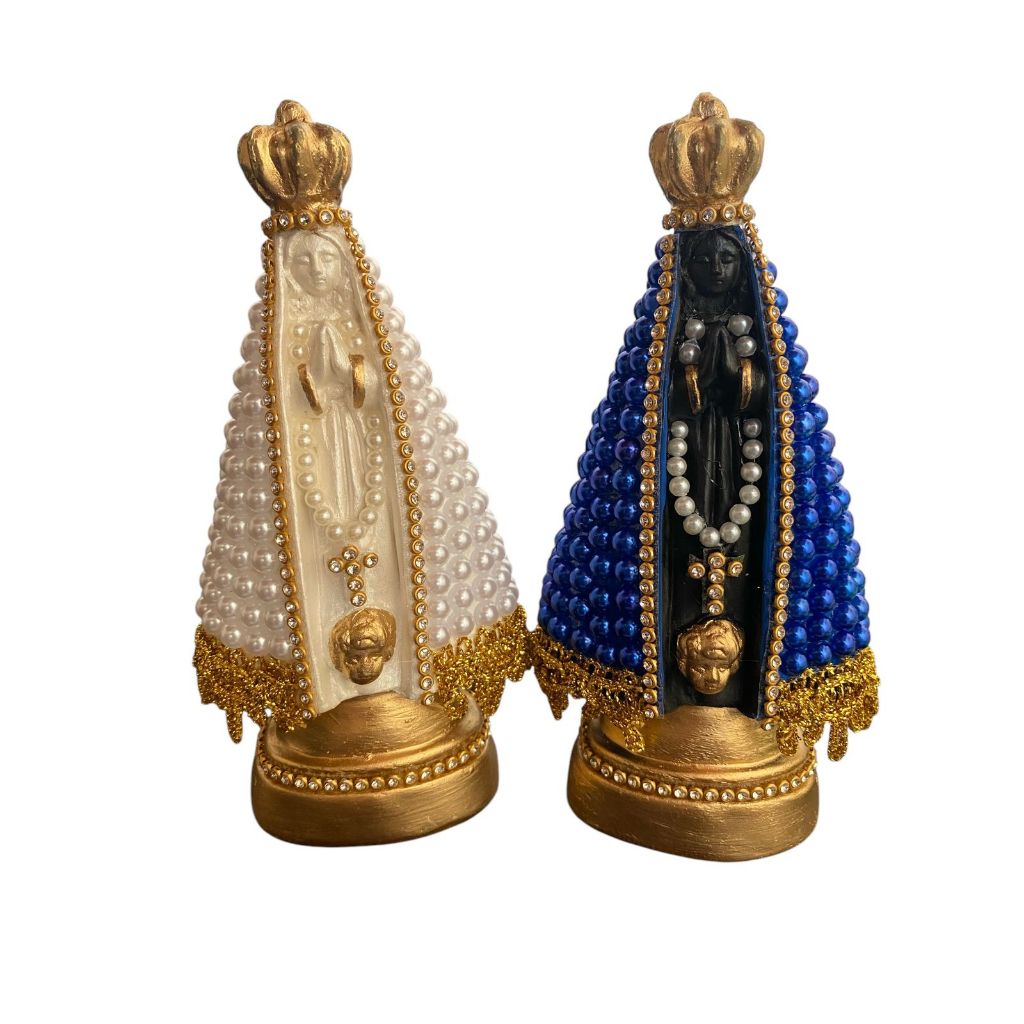 Imagem personalizada de Nossa Senhora Aparecida com manto de pérola e strass - 15 cm