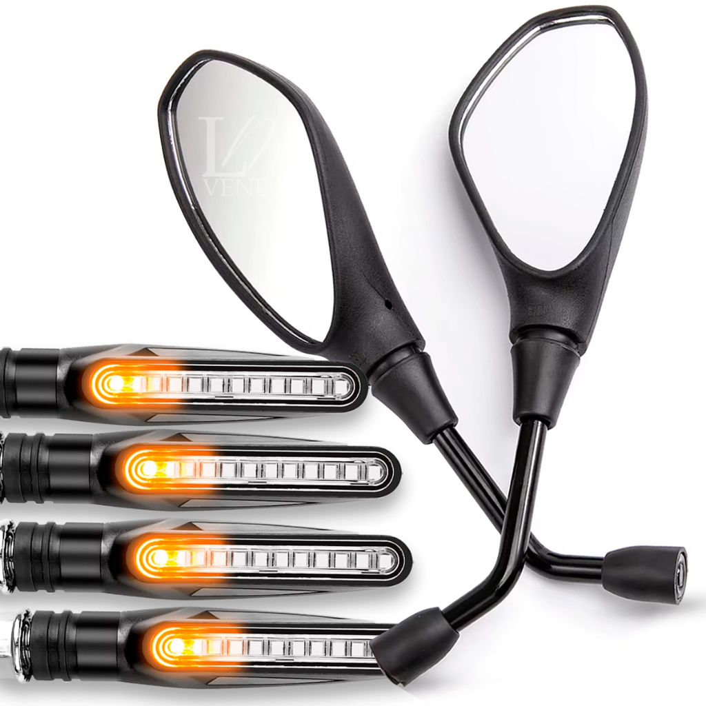 Kit 4 Pisca Led Twister Seta Palito Slim Sequencial Esportiva + Par Espelho Retrovisor Haste Curta F800 Cg 160