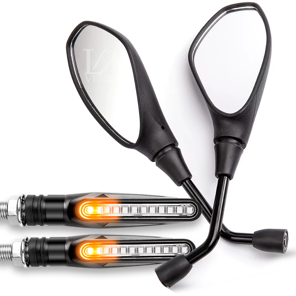 Kit 2 Pisca Led Twister Seta Palito Slim Sequencial Esportiva + Par Espelho Retrovisor Haste Curta F800 Cg 160