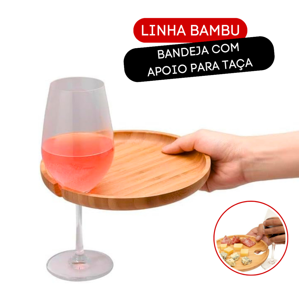 Bandeja De Bambu Queijo Petiscos Frios Com Apoio Para Taça