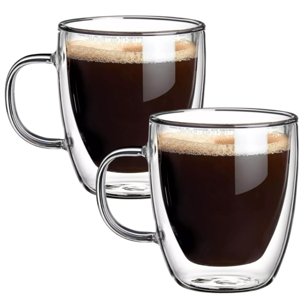 Kit 2 Xicaras para Café de Vidro com Parede Dupla 350 ML Resistente Com Alça Elegante