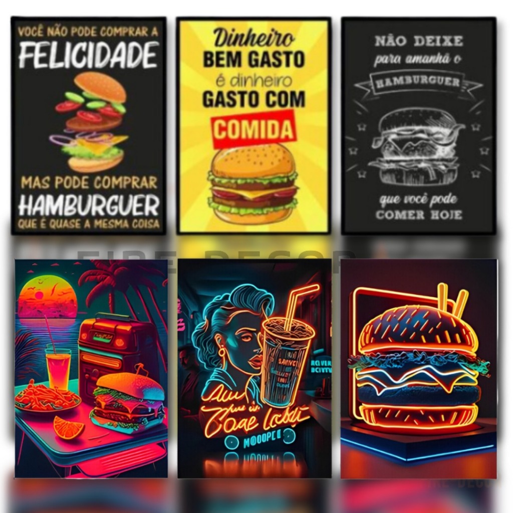 Kit Quadros Para Lanchonete Hambúrguer Frase 4K Decoração Lanche 3 Peças em Oferta na Shopee