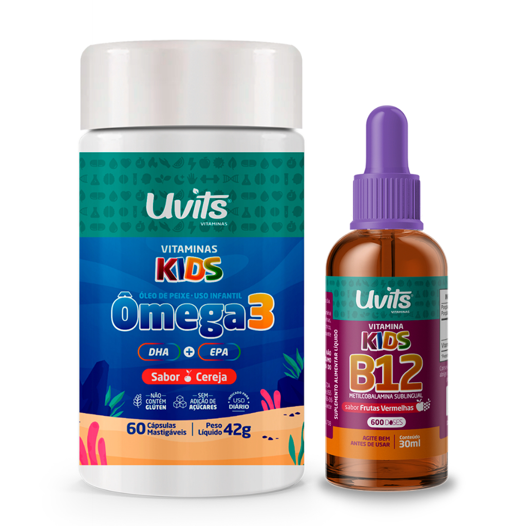 Kit Ômega 3 Kids 60 Cápsulas Mastigáveis Vitamina B12 Kids Liquida Sublingual 30ml - Uvits