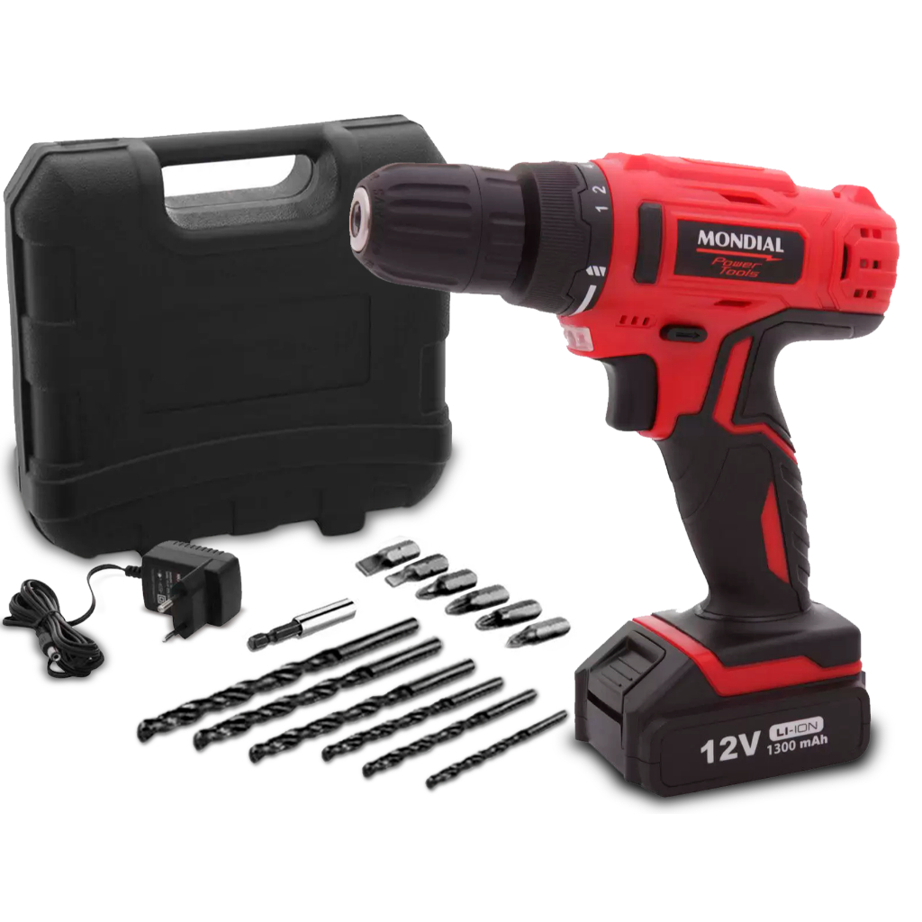 Parafusadeira Furadeira 12V 3/8 Litio Bivolt Com Kit Mondial