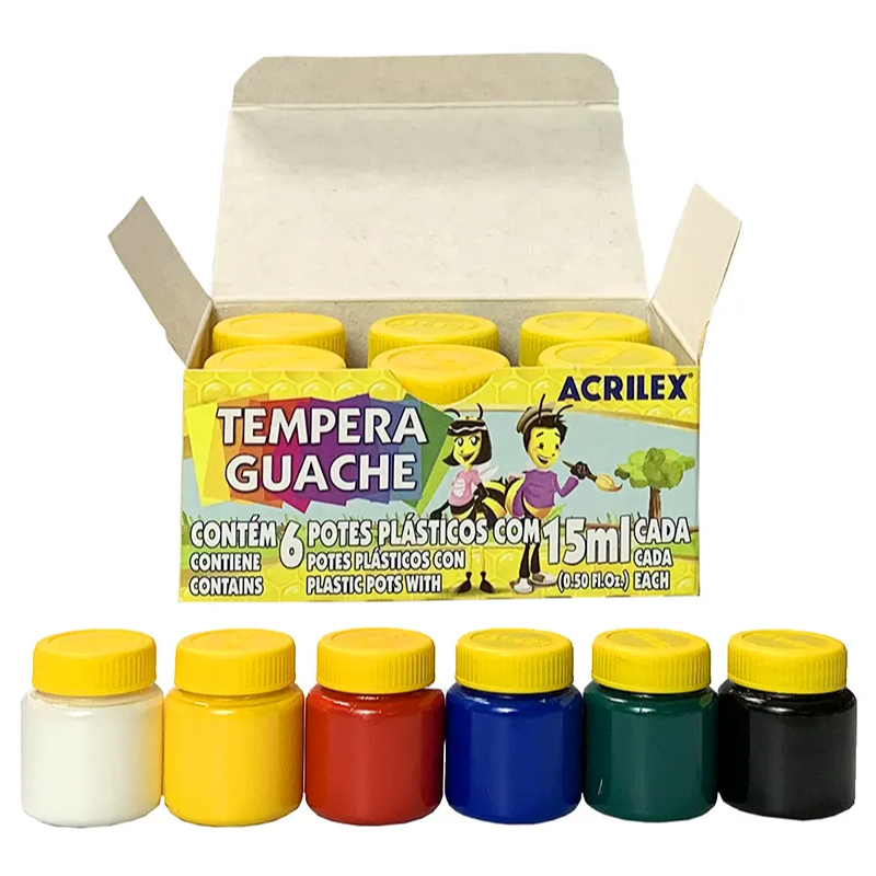 Tinta Tempera Guache 6 Cores Vivas 15ml Cada Acrilex