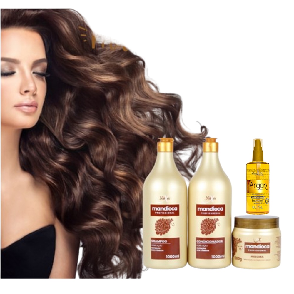 Kit Tratamento Capilar Óleo Multi Supreme Argan 60ml + Mandioca Shampoo e Condicionador 1 litro e Máscara 500g