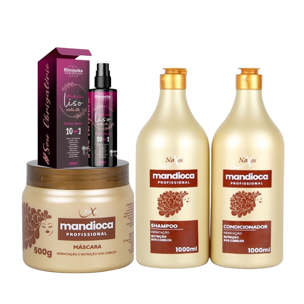 Kit Tratamento Spray Capilar Meu Liso Minha Vida 200ml + Mandioca Shampoo e Condicionador 1 litro e Máscara 500g