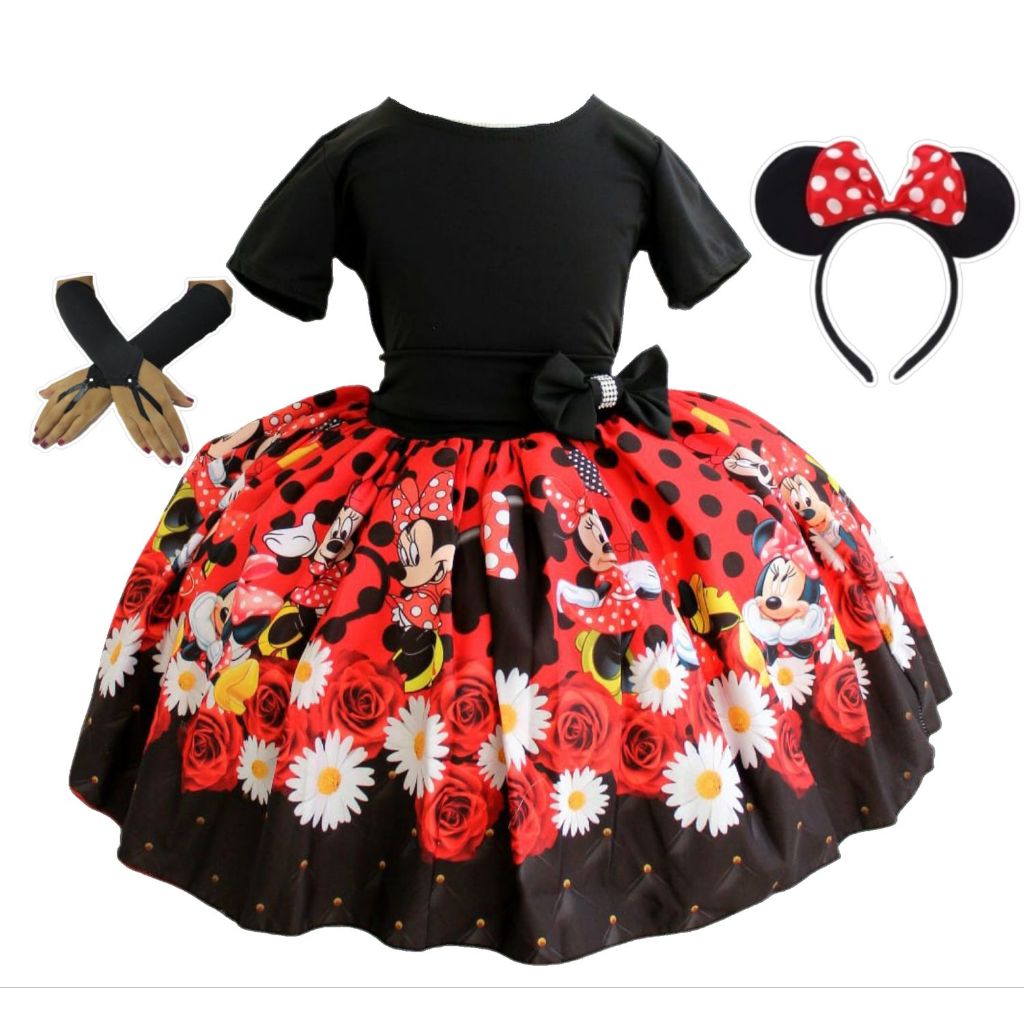 Vestido Luxo Infantil Festa Meninas Minnie Preto Tiara e Luva em Oferta na Shopee