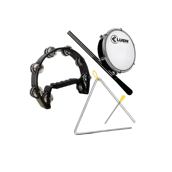 Kit Pandeiro Meia Lua Preta + Triângulo + Tamborim+ Baqueta