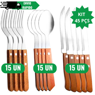 Jogo Talheres Cabo de Madeira 45 Peças Aço Inox Talheres duráveis Kit de talheres Conjunto de talheres de jantar