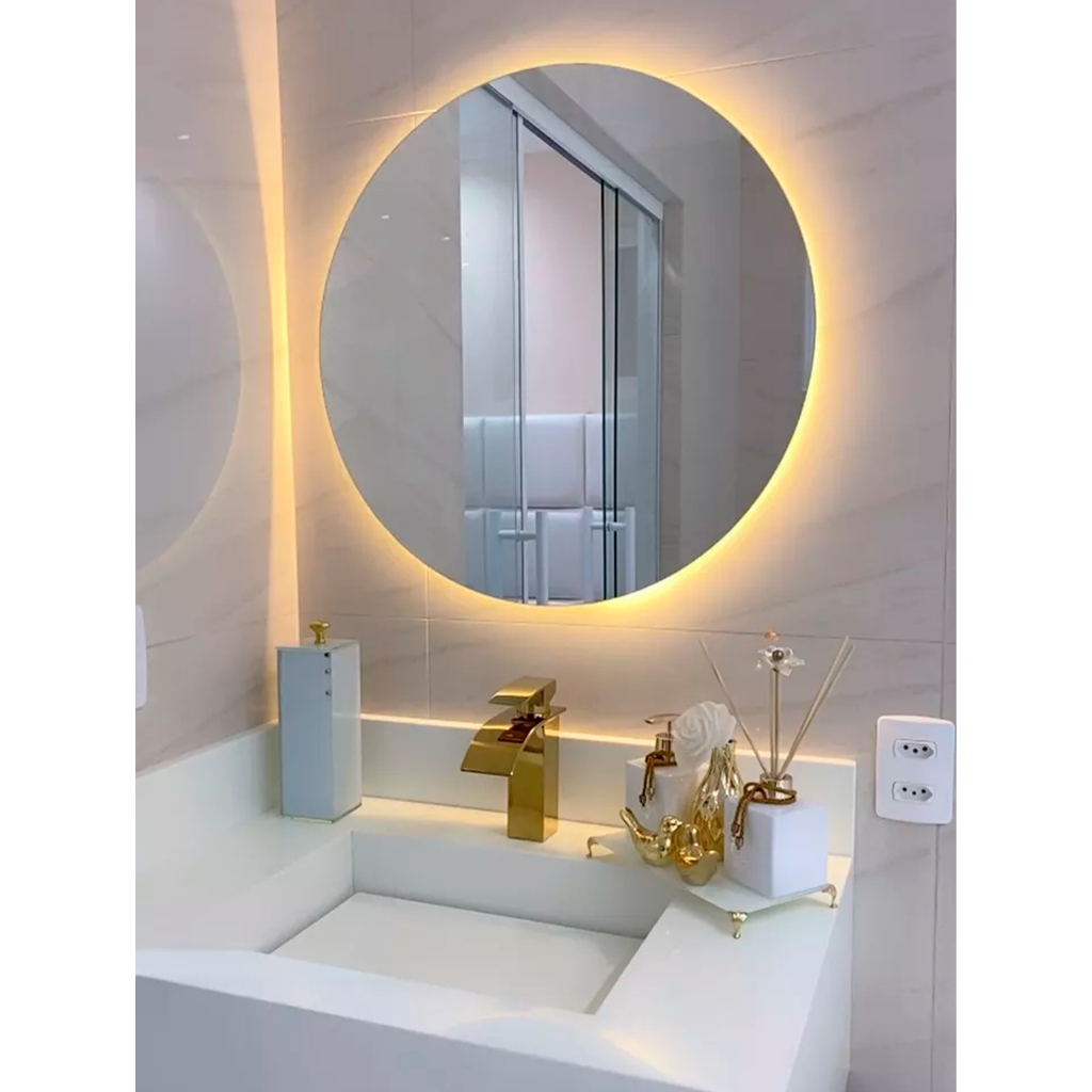 Espelho Redondo 60cm Lapidado LED Para Maquiagem Banheiro Quarto Sala + Suporte e Kit de I...