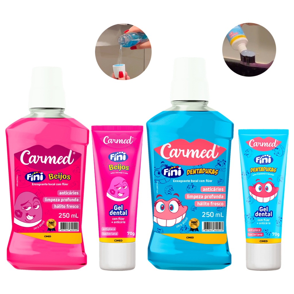 Kit Creme Dental + Enxaguante Bucal Sem Álcool Carmed Fini Beijos Dentadura Minhoca