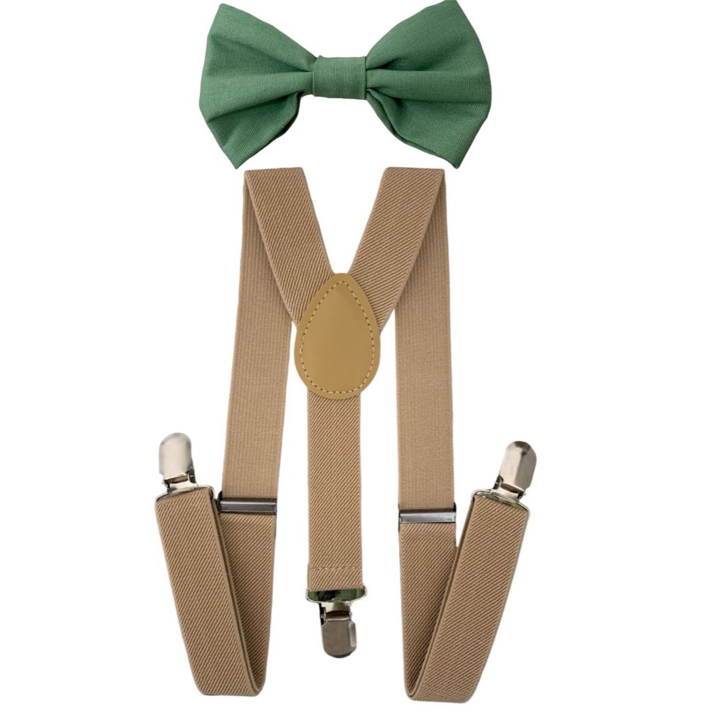 4 Kits Suspensório bege e Gravata Borboleta Verde oliva Tricoline Adulto