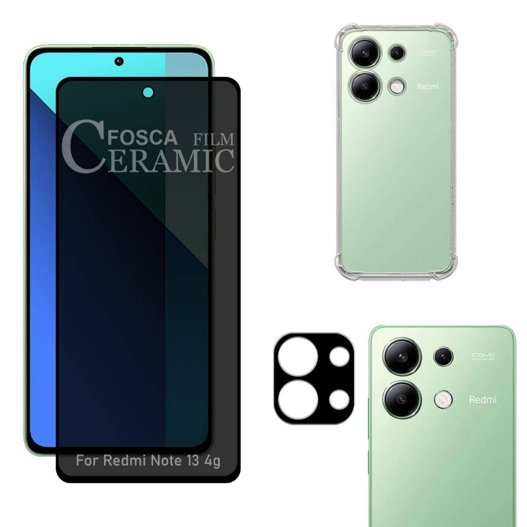 Kit Para Redmi Note 13 4G | Película de Privacidade Fosca - Capa Anti Shock - Película da Câmera 3D