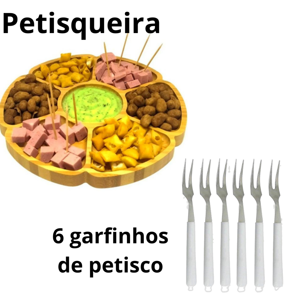 Kit Petisqueira Gamela Tábua Para Petisco Multiuso Jogo 06/12 Garfos P/ Petisco Inox Cabo