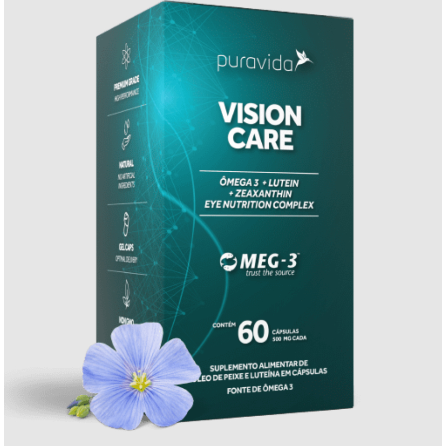 VISION CARE Luteína + Zeaxantina + Ômega 3 - Complexo para a visão  com 60 cápsulas - PuraVida Saúde dos Olhos