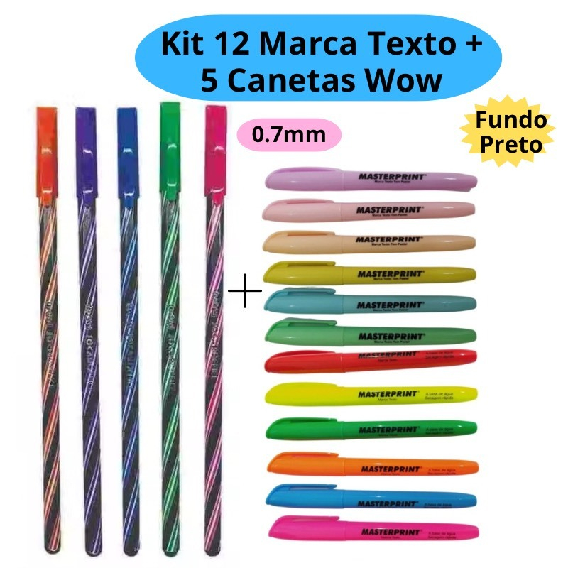 Kit 12 Marca Texto (6 Neon + 6 pastel) Masterprint + 5 Canetas Esferográficas Wow Fundo Escuro 0.7mm Coloridas
