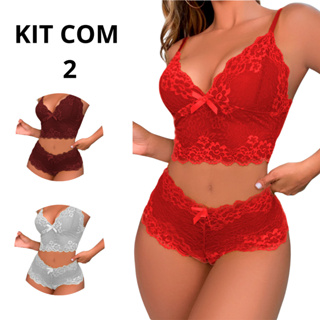 Kit Conjunto Renda Espera Marido Lingerie Cropped Sutiã Sem Bojo Short Calcinha Caleçon em Oferta na Shopee