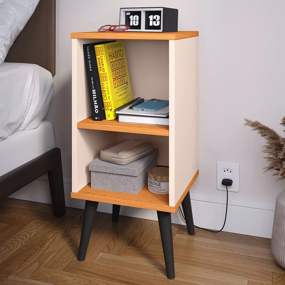 Mesa de Cabeceira Para Quarto charme com Prateleira e Pés em PVC COR OFFWHITE/CINAMOMO em Oferta na Shopee
