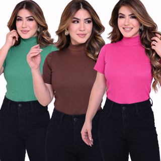 OFERTA 3 BLUSAS FEMININO GOLA ALTA ESTILOSA CANELADO COM MANGA CURTA em Oferta na Shopee