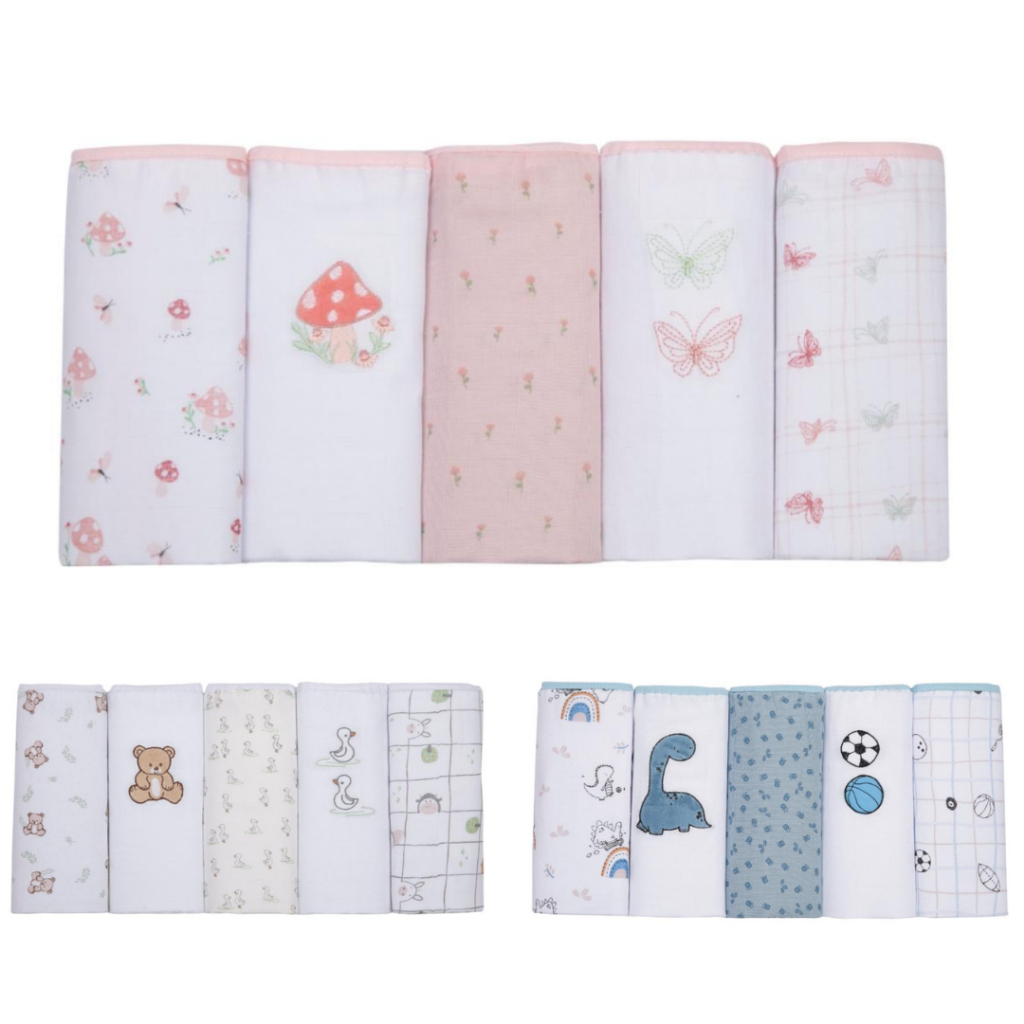 FRALDA DE PANO SOFT PREMIUM PAPI BABY 80X 80 KIT C/ 05 UN ESTAMPADA E BORDADA PARA BEBE- ENXOVAL