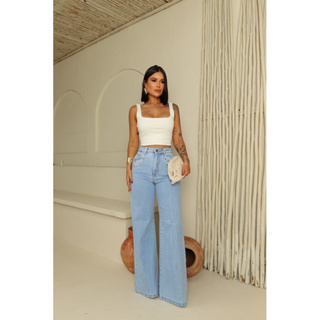 Calça Jeans Wide Leg Com Detalhe Em Aplicação No Bolso em Oferta na Shopee
