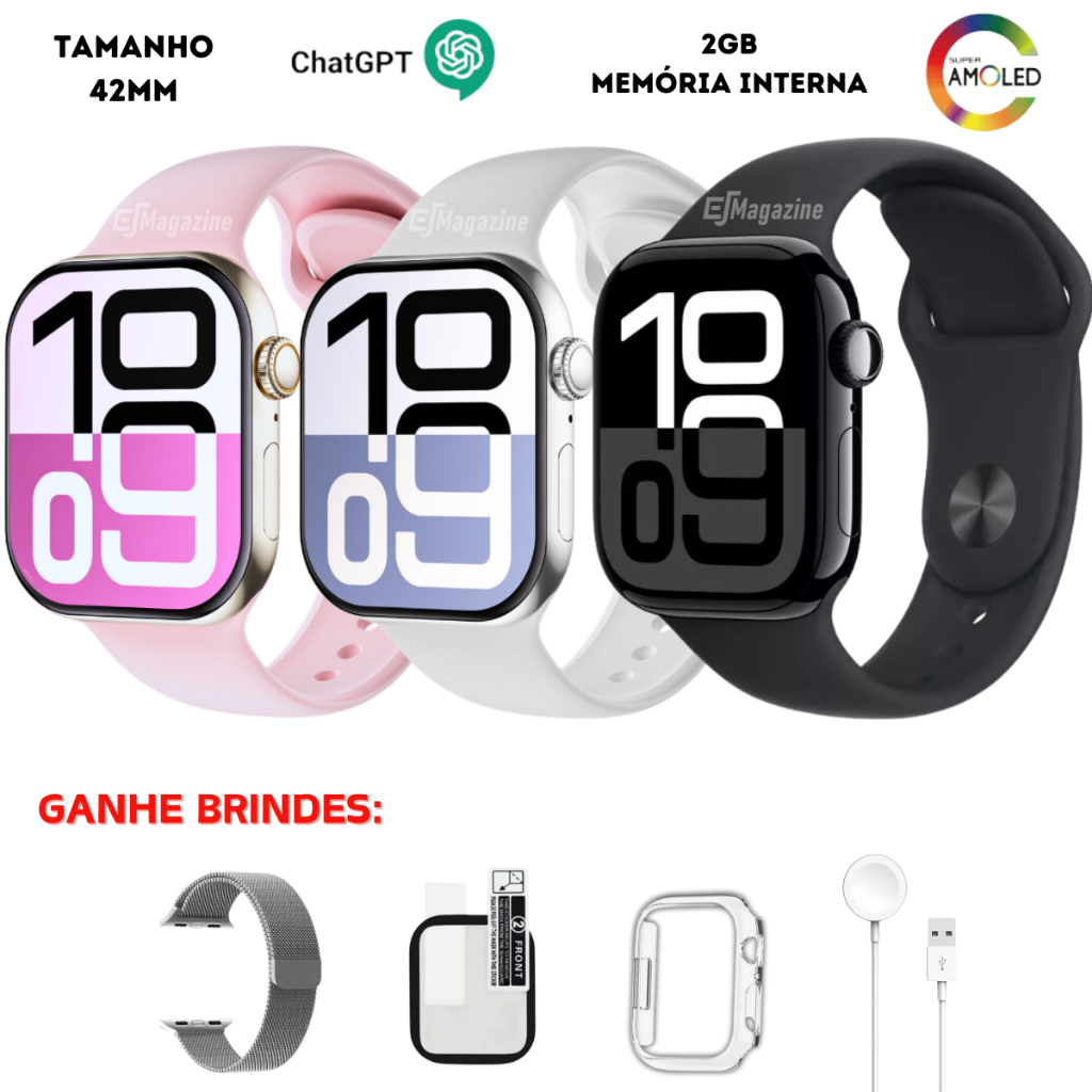 Relógio Smartwatch W10 Mini 42mm Series 10 Feminino Masculino Amoled + Brindes Memória Interna