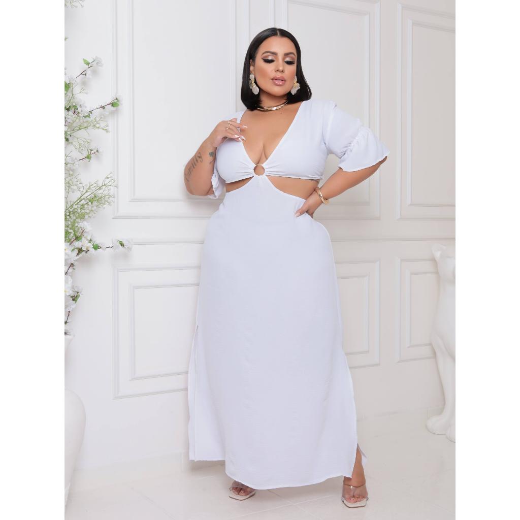 Vestido Feminino Plus Size Longo Argola Fenda Decotado Festa Casual confraternização evento Festa Decote