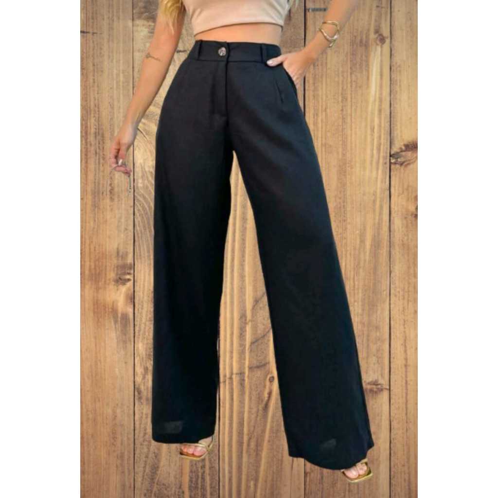 Calça Pantalona Cintura Alta com Forro Tecido Linho Varias Cores