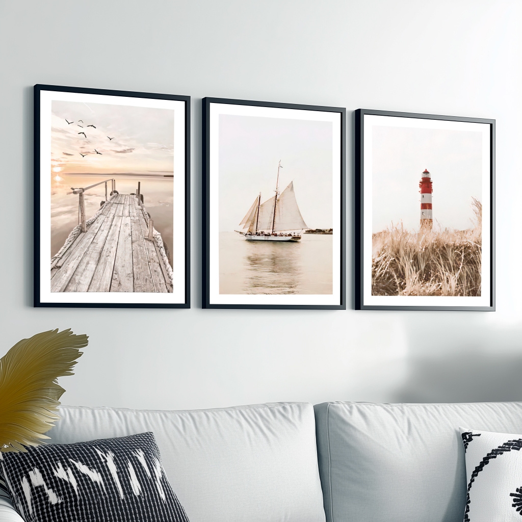 Kit 3 Quadros Modernos Barcos Porto Moldura 40X60 cm Sala Hall em Oferta na Shopee