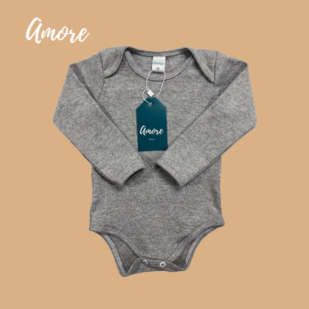 Body Manga Longa Cinza Suedine - 100% Algodão