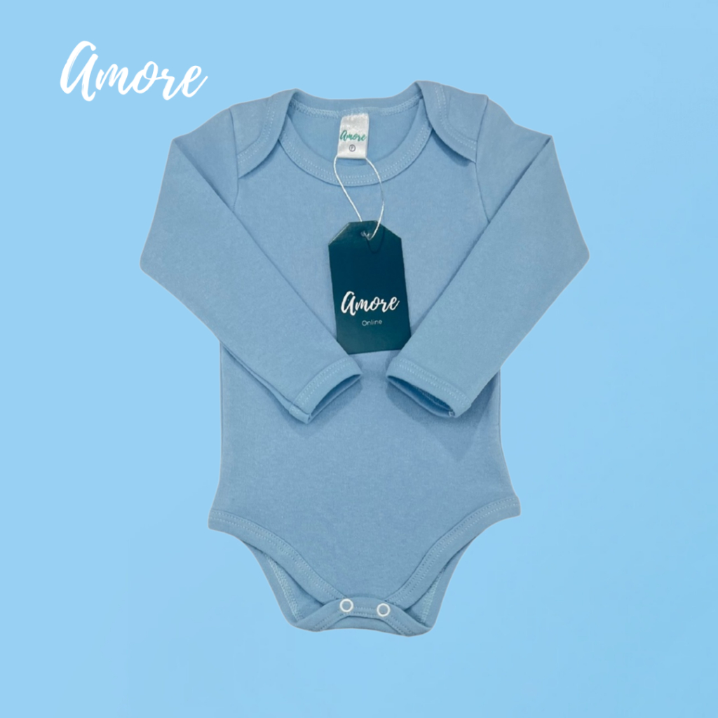 Body Manga Longa Azul Suedine - 100% Algodão