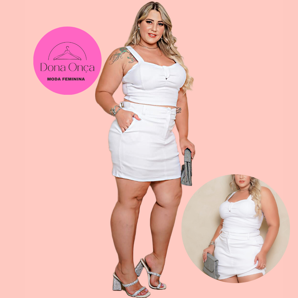 Conjunto Feminino Plus Size Cropped De Alcinha e Short Saia Frente e Verso Bengaline Canelado Shorts Saias Bolso
