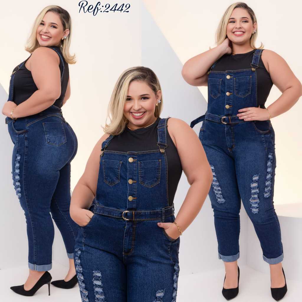Jardineira longa PLUS SIZE jeans com Lycra+cinto jeans Ref:2442