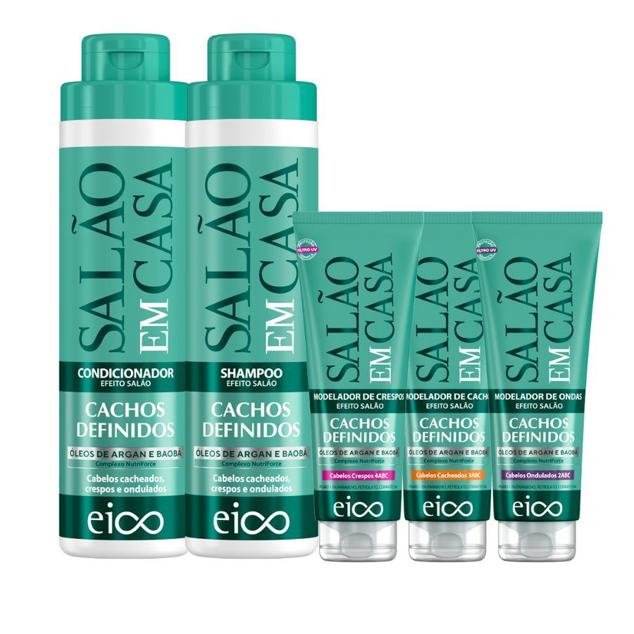 Eico Salão Em Casa Cachos Definidos Shampoo e Condicionador 800ml + Modeladores Curvaturas 2ABC 3ABC - Beauty