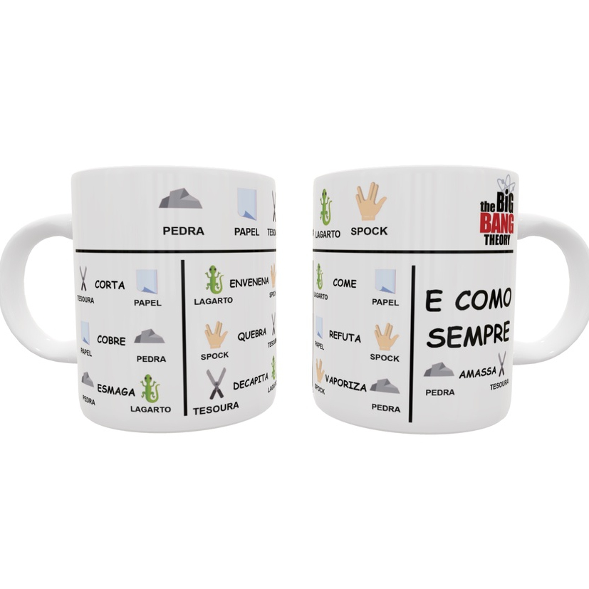Caneca Porcelana Big Bang Theory Jogo Pedra-Papel-Tesoura-Lagarto-Spock