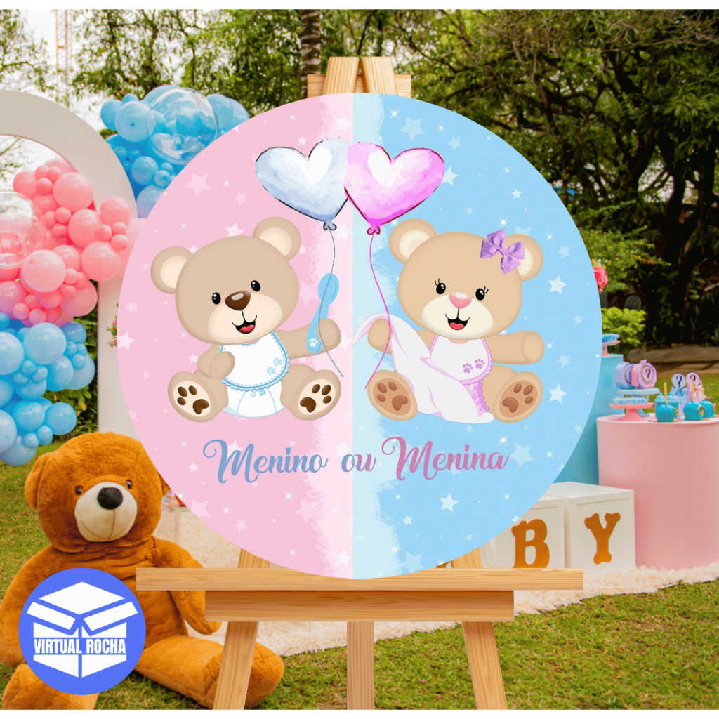 Painel Quadro Redondo Chá Revelação Rosa Azul Ursinho Menino Menina Boy Girl MDF 50x50