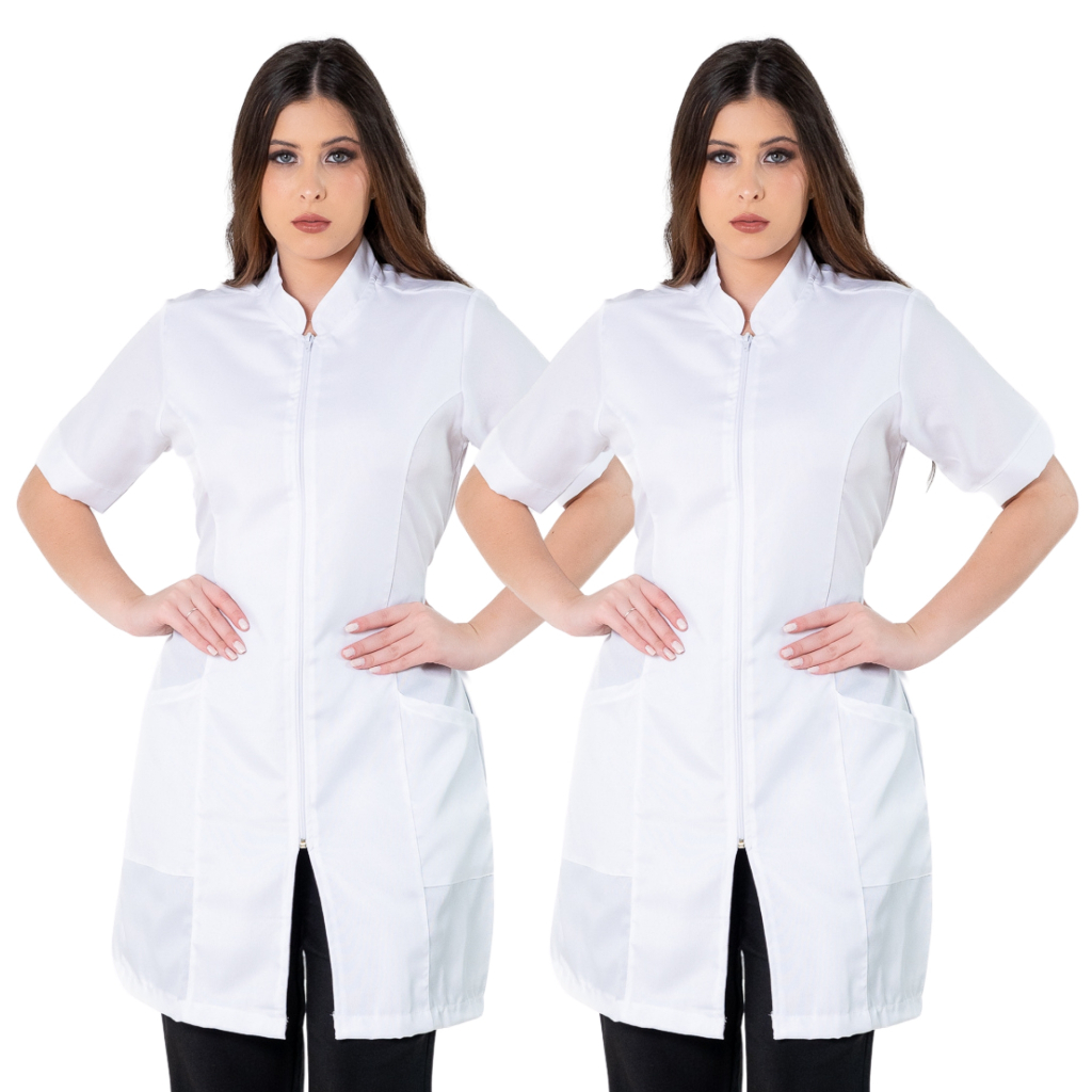 Kit 2 Jalecos Feminino De Zíper Acinturado Oxford Gola Padre Manga Curta Várias Cores