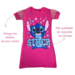 Vestido Infantil Stitch Menina Manga Tule Rosa e Preto