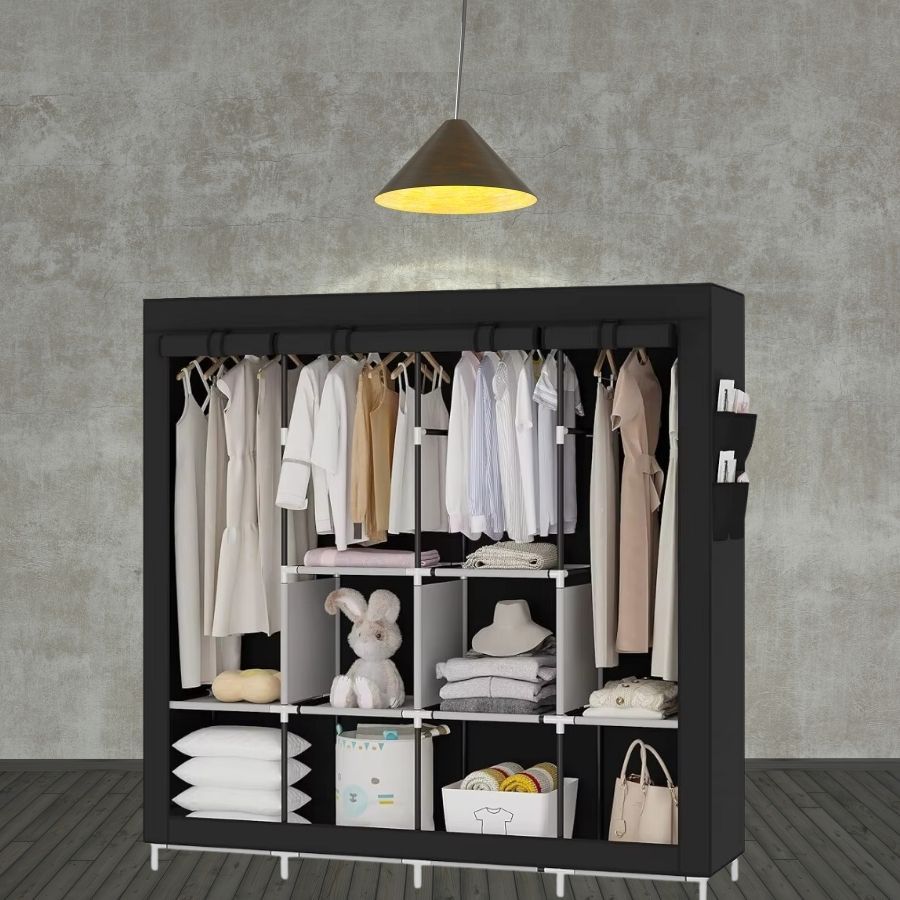 Guarda-roupa Portátil Roupa Prateleiras Roupa Organizador de Armazenamento com 4 Trilho Suspensão