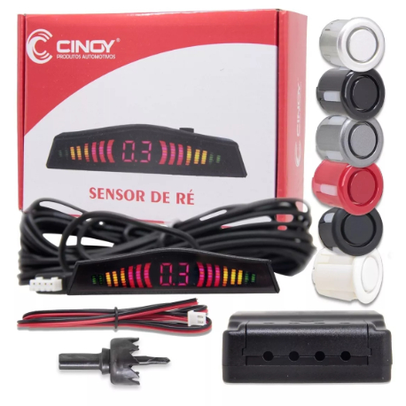 Sensor Ré Estacionamento Traseiro Universal Cinoy 4 Pontos Carro 12v Display LED Preto Brilho Fosco Branco Prata
